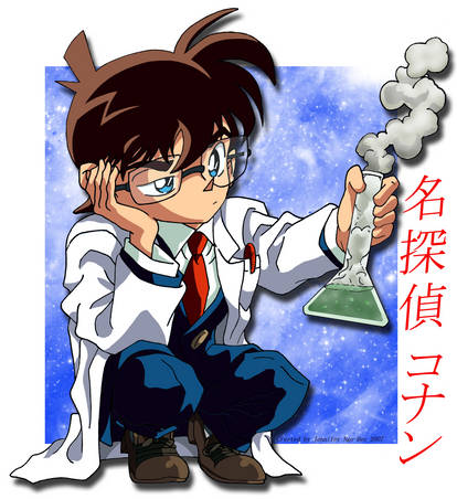 Shinichi Kudo (Conan) de Detectiu Conan amb una pipeta de laboratori